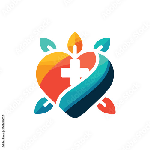 Vibrant heart-shaped logo with a medical cross and leaves, symbolizing health, care, and natural well-being.