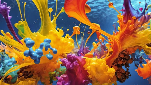 Vibrant abstract splash of multicolored paint exploding underwater, captured in high-speed macro with yellow, orange, blue, and purple fluid shapes and droplets—energetic modern art background for cre