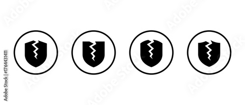 Broken shield icon set in circular outline. Cracked protection and security failure symbol