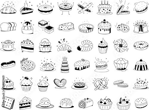 Bakery Dessert Clipart Set, Cute Line Art Pastry Collection with Cakes, Cupcakes, Donuts, Bread, and Sweets for Bakery Design
