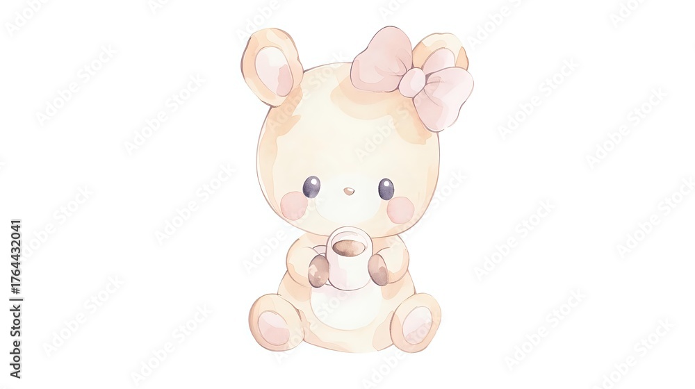 Fototapeta premium Sweet baby mouse with pink bow holding teacup in soft watercolor style on white background, nursery art illustration for children's room decor.