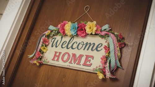Welcome home sign with artificial flowers on wooden surface. Family return, cozy welcome message, rural house decoration, real estate staging and emotional greeting at home