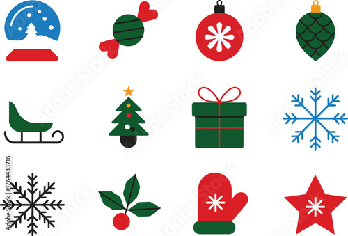 Christmas Music Icon Set — Bell, Microphone, Drum, Tree, Headphones, Festive Sound Vector Illustration