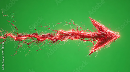 Glowing red arrow shaped vein with branching electric tendrils on vivid green background. in frame!!