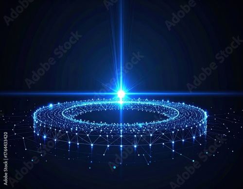 A glowing blue circular structure composed of interconnected dots and lines, emanating light in a dark background, suggesting a futuristic or digital theme.