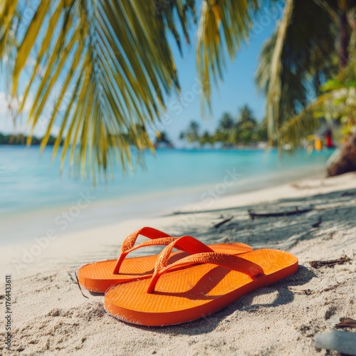 Bright orange flip flops resting on sandy beach with palm trees and turquoise water on sunny day