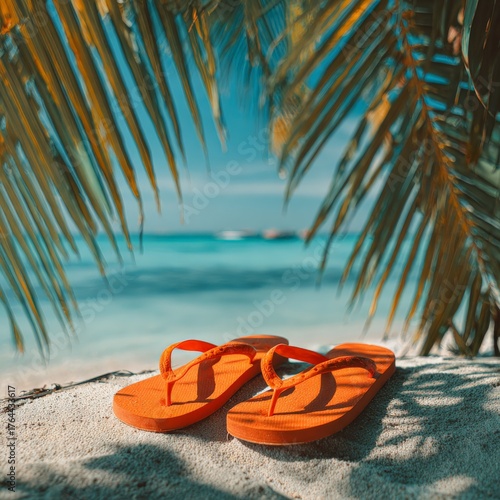 Bright orange flip flops resting on soft sand beside clear blue water on a sunny tropical beach
