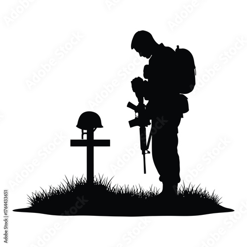 Vector art of soldier silhouette honoring fallen comrade