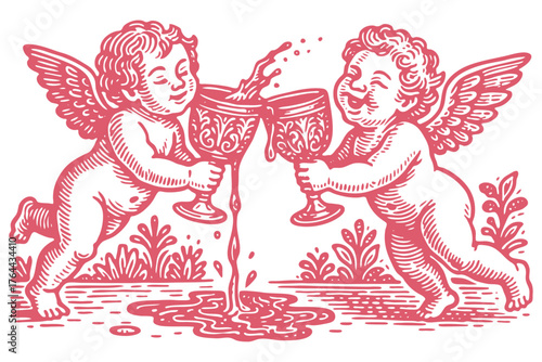 Two joyful cherubs or cupids make a toast, clinking wine goblets. Vintage vector illustration in a classic hand-drawn engraving or woodcut style.