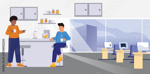 Coworkers Having Coffee Break in Modern Office Kitchen