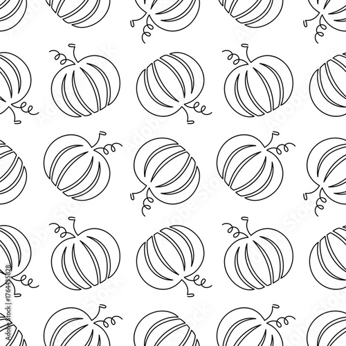 Single line Pumpkin cartoon seamless pattern. Vector Food vegetable flat texture on white background. Squash line artPrint