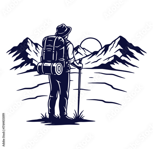 Silhouette of a hiker with backpack looking at mountains and setting sun during adventure