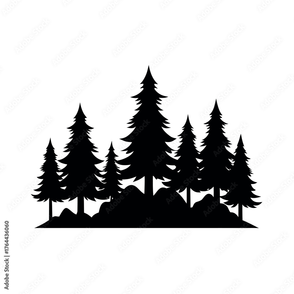 Fototapeta premium Winter Pine Tree Forest Silhouette Vector Scene