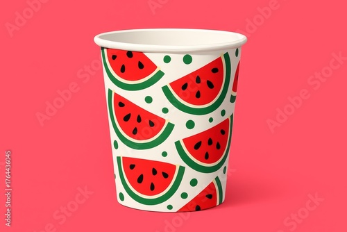 Paper cup with watermelon pattern on pink background.
