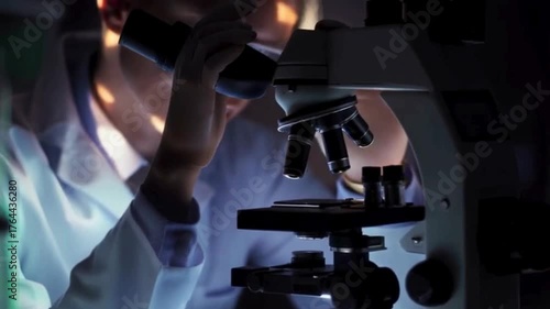 Scientific Research Under Microscope | Lab Technician in Action | Medical Discovery in Darkened Lab