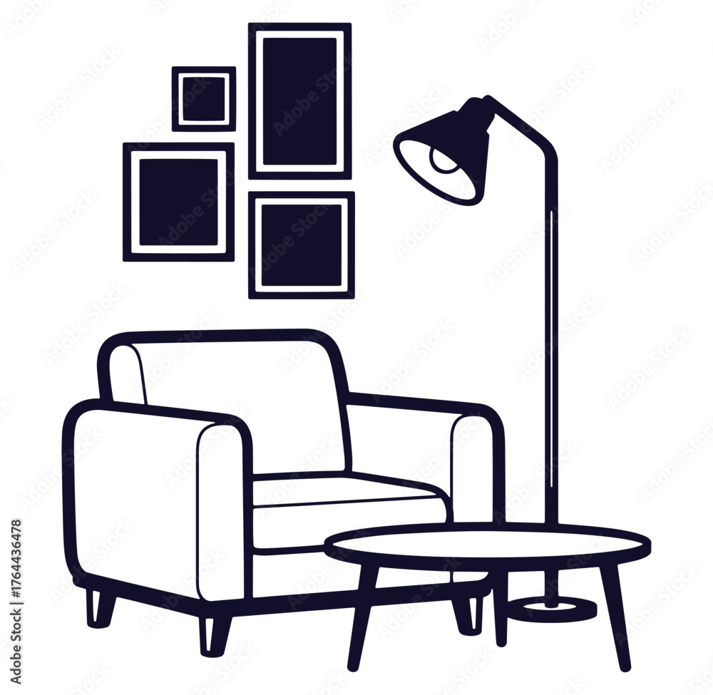 Fototapeta premium Simple black and white illustration of a cozy living room interior with furniture elements