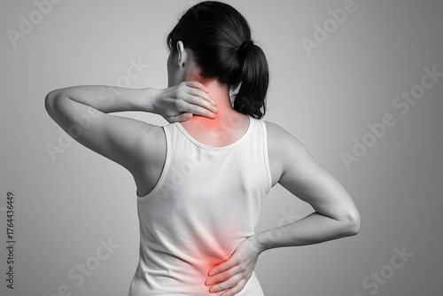首の痛み腰痛に悩む女性の身体の不調を訴える後ろ姿のイメージ