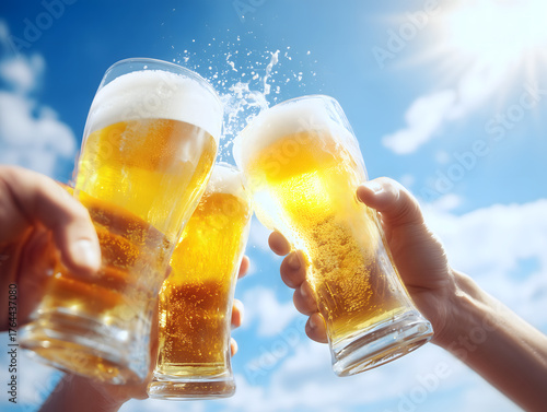 青空の下でビールジョッキを掲げて乾杯する瞬間を捉えた夏の爽快感を伝えるイメージ