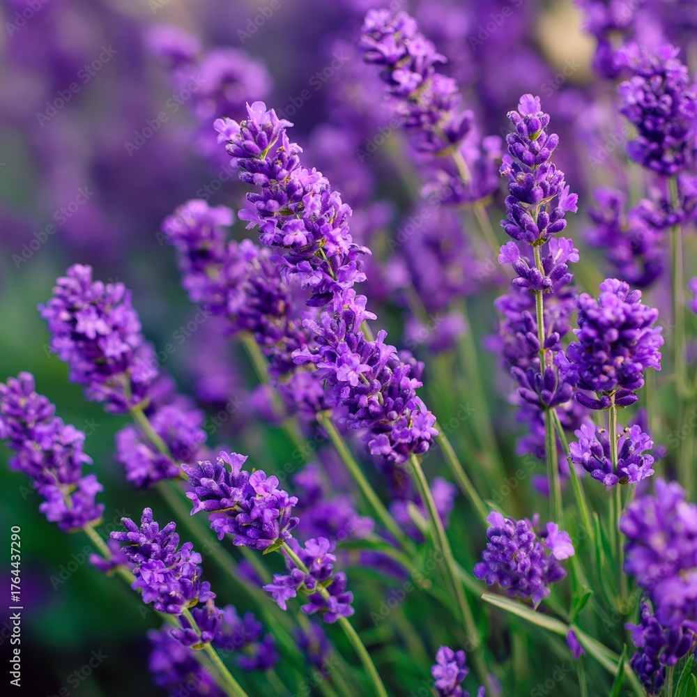 Obraz premium Lavender blooms in a sunny garden, showcasing vibrant purple flowers and lush green foliage during the early summer season