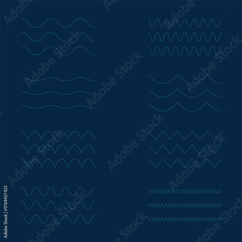 Set of line water waves icon, sign. wave and zigzag line collection