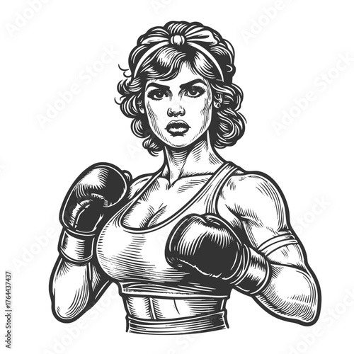 powerful woman in boxing stance wearing gloves and sportswear sketch engraving generative ai fictional character vector illustration. Scratch board imitation. Black and white image.