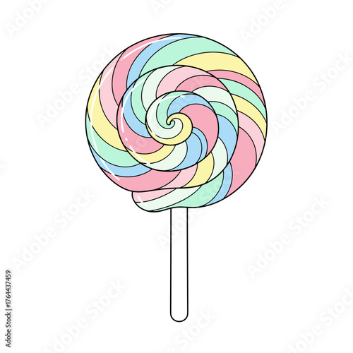 Colorful spiral lollipop with pastel swirls on white background  