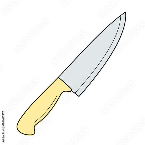 Kitchen knife with a yellow handle and silver blade design  