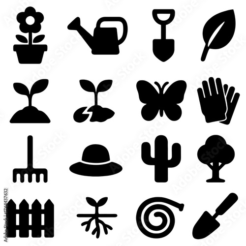 Gardening Icon Set: A comprehensive collection of gardening icons, each a symbol of the natural world, representing growth, care, and the nurturing of plants.