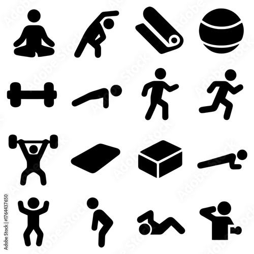 Fitness Icons: A collection of simple, black and white fitness icons. This assortment showcases various exercise activities and equipment.