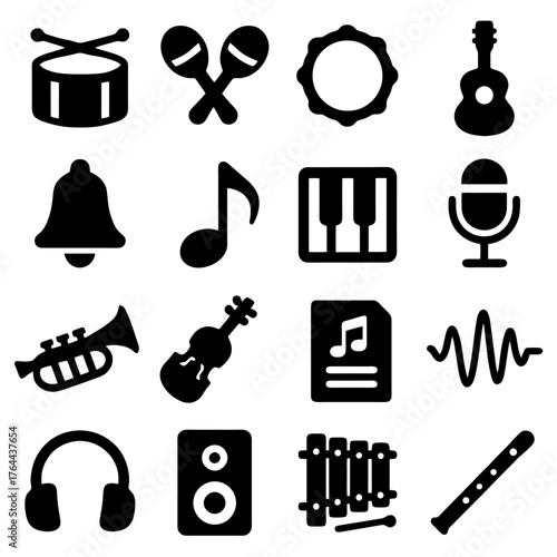 Musical Symphony: A collection of musical instruments, each a silent symphony, poised to bring melody to the world. A celebration of sound and rhythm, in a monochrome ensemble