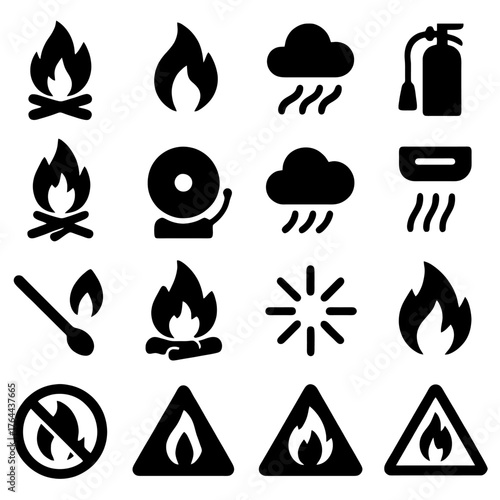Fire Safety Icons: A comprehensive set of illustrative icons related to fire, weather elements, and safety measures. Designed to convey critical information. 