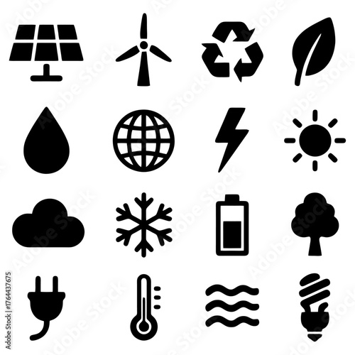 Eco-Friendly Icons: A visual representation of environmental sustainability, showcasing essential symbols for renewable energy and conservation, ideal for illustrating a commitment to green living.