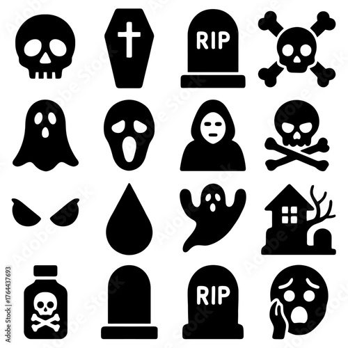 Spooky Halloween Icons: A collection of eerie and enigmatic icons, depicting the essence of Halloween with chilling skulls, ghostly apparitions, and mysterious symbols.