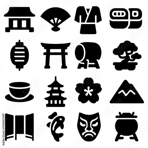 Japanese Culture Icons: A collection of iconic symbols representing the essence of Japanese culture, from traditional architecture to elements of art, cuisine, and ritual.