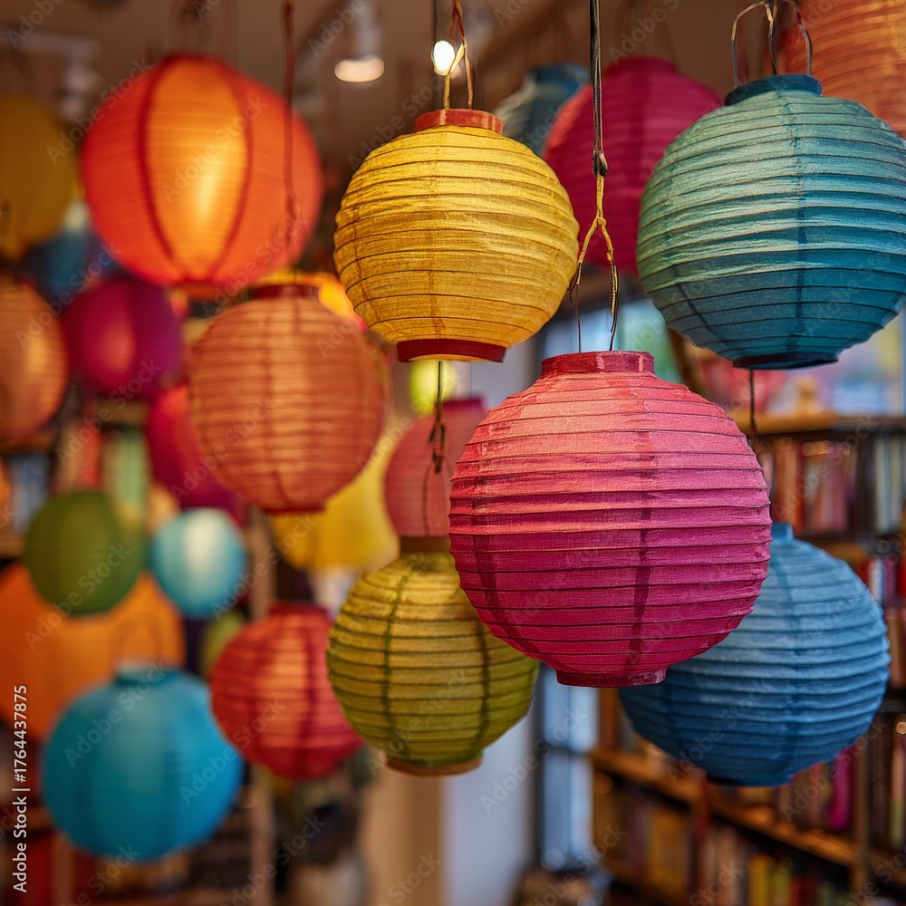 Fototapeta premium Colorful lanterns hang from the ceiling, creating a festive atmosphere in a cozy space filled with books