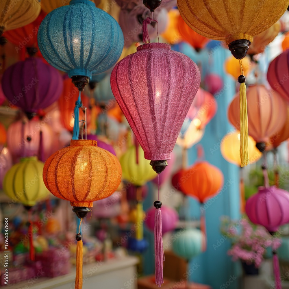 Fototapeta premium Colorful lanterns illuminate a vibrant market scene, capturing the essence of celebration and culture in an evening atmosphere