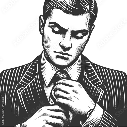 young man in pinstripe suit adjusting his tie, classic 1920s gangster or mobster sketch engraving generative ai fictional character vector illustration. Scratch board imitation. Black and white image.