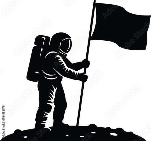astronaut standing on moon surface holding a flag silhouette