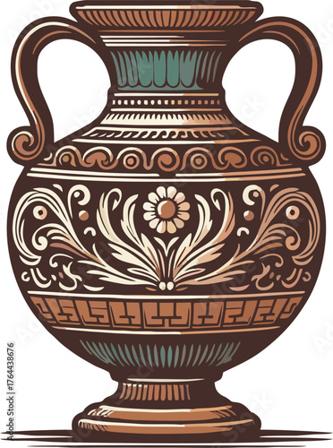 Antique Ornate Vase Vector Illustration – Classic Floral Motif, Greek Pottery Style, Vintage Colors