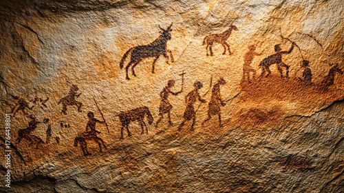 Ancient Cave Art Depicting Early Human Life and Animal Hunting Scenes