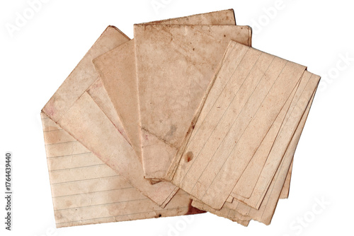Old Paper Sheets Overlaping. Aged Lined Paper Sheets and Vintage Texture. Aged Folded Documents and Notebook Pages Pile Isolated on White Background, Top View