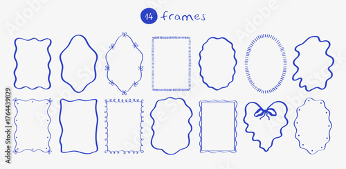 Wavy whimsical frames doodle. Blue outline hand drawn frames template with empty space.
