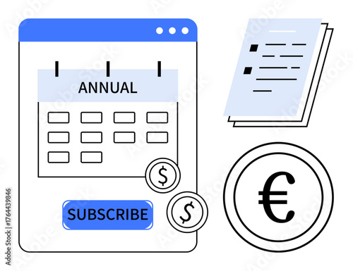 Calendar marked with Annual, two currency signs , , button SUBSCRIBE, and stack of documents. Ideal for finance, subscription plans, budgeting, cost management payments e-commerce simple flat