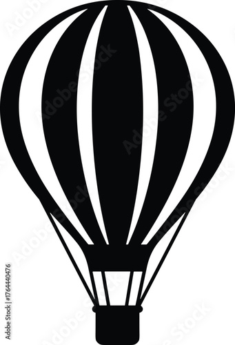 hot air balloon with striped envelope and hanging basket silhouette