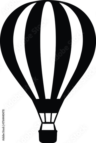 hot air balloon with striped envelope and hanging basket silhouette