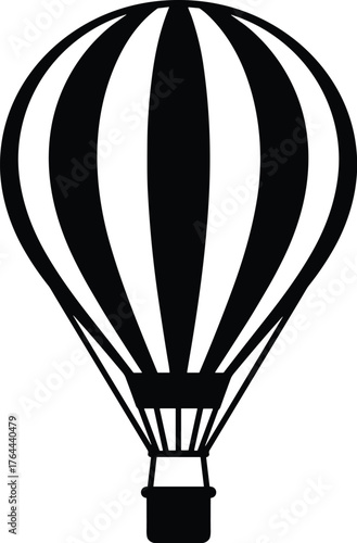 hot air balloon with striped envelope and hanging basket silhouette
