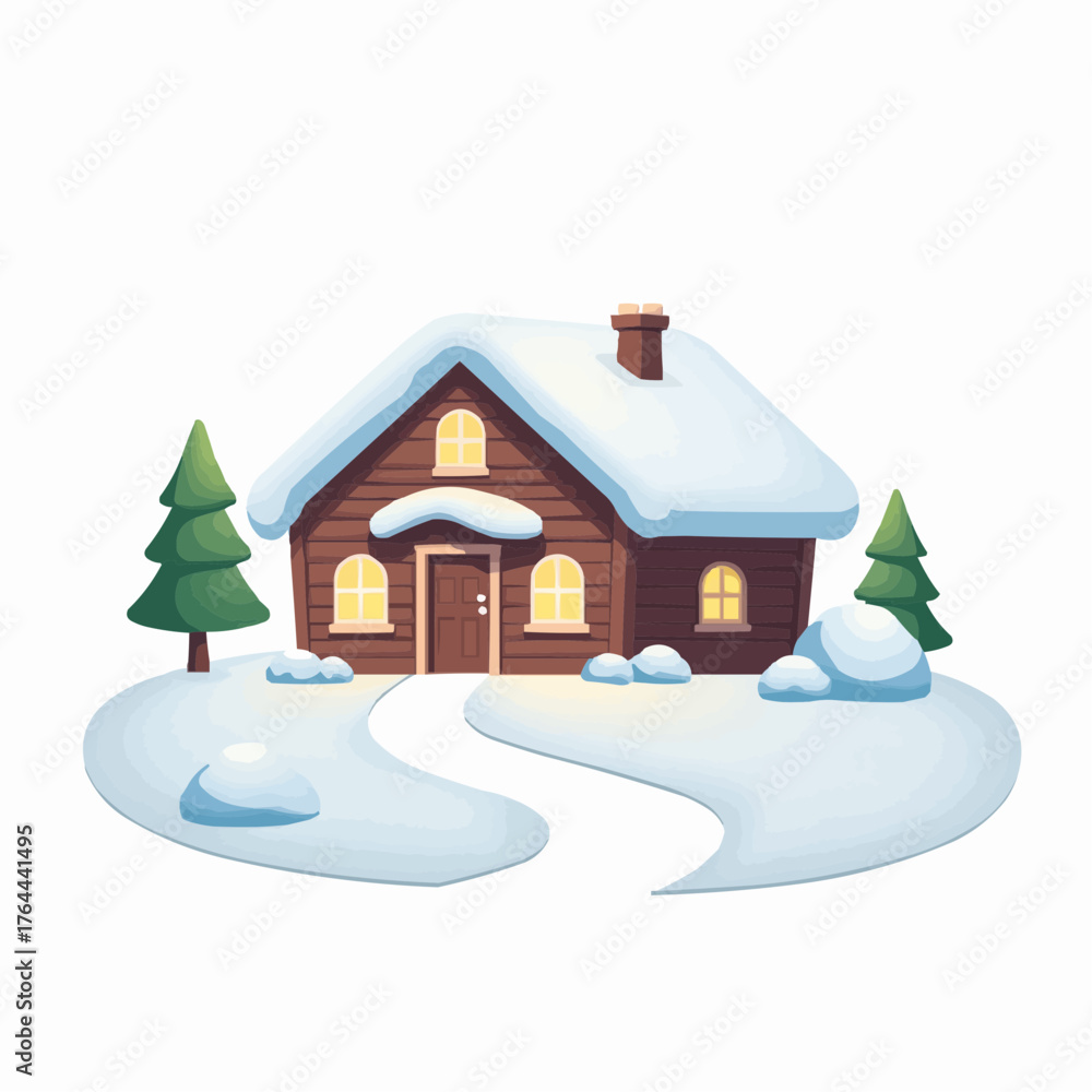 Naklejka premium Snow-covered cabin with warm glowing windows and snow path in winter 