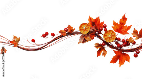 Warm festive autumn garland decor features maple leaves, berries, and dried orange slices
