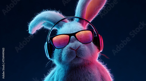Neon-lit rabbit facing forward, wearing mirrored glasses and large headphones for a cool vibe today