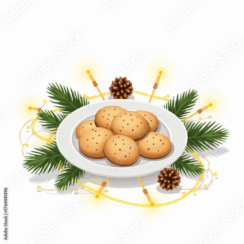 Plate of Christmas cookies surrounded by pinecones and fairy lights  